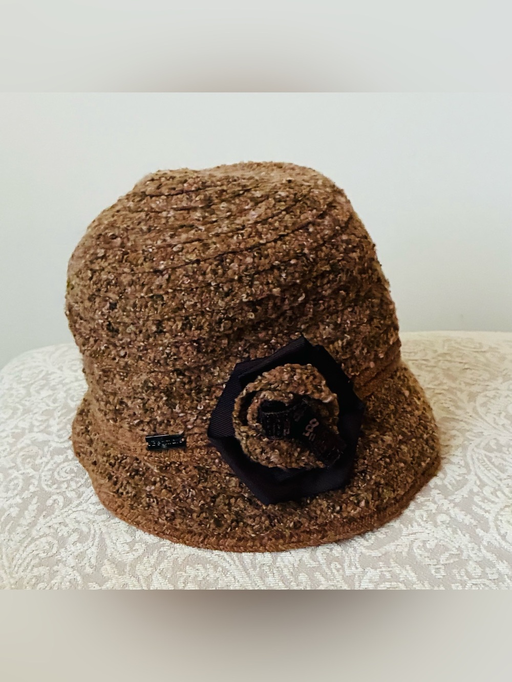 Betmar Tweed Look Bucket Hat, Tan/Brown Color, Ribbon/Cloth Flower Accent
